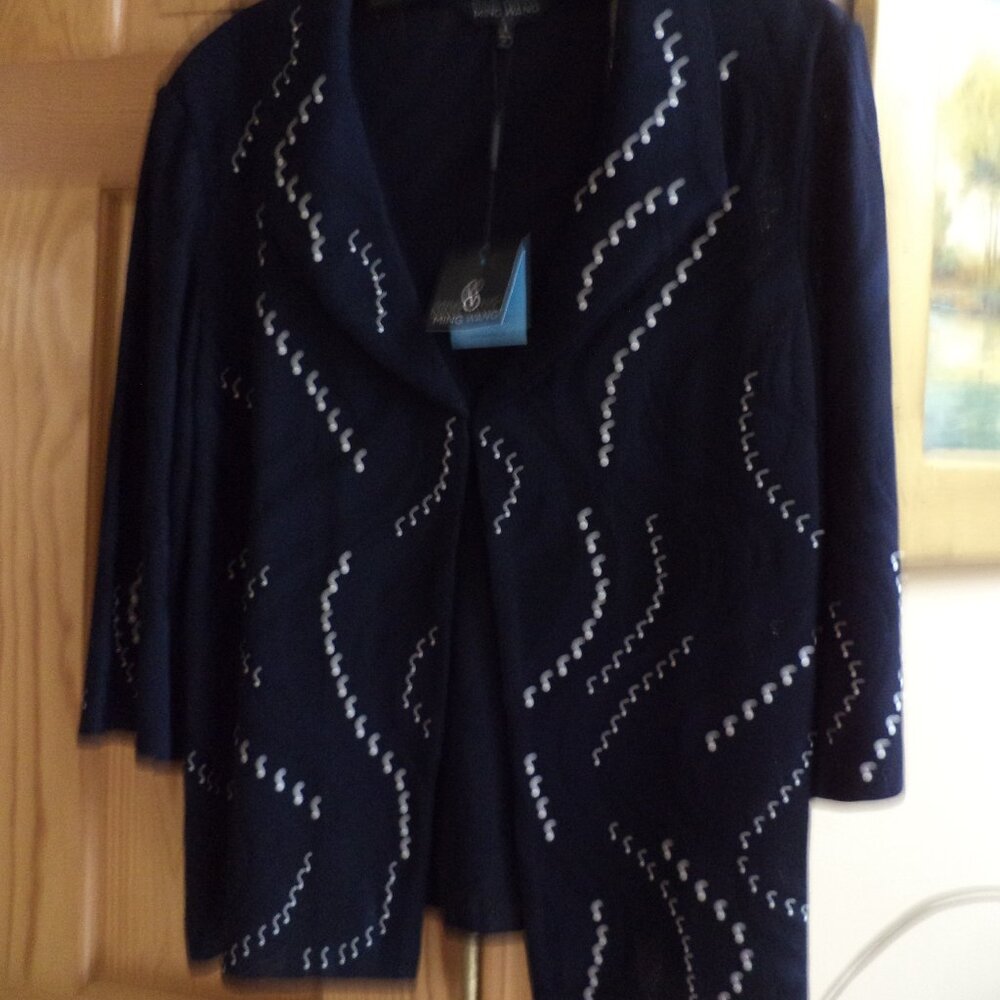 Ming Wang Open Front Jacket  ~ Navy with White Dots + Swirl Accents ~ Large  New